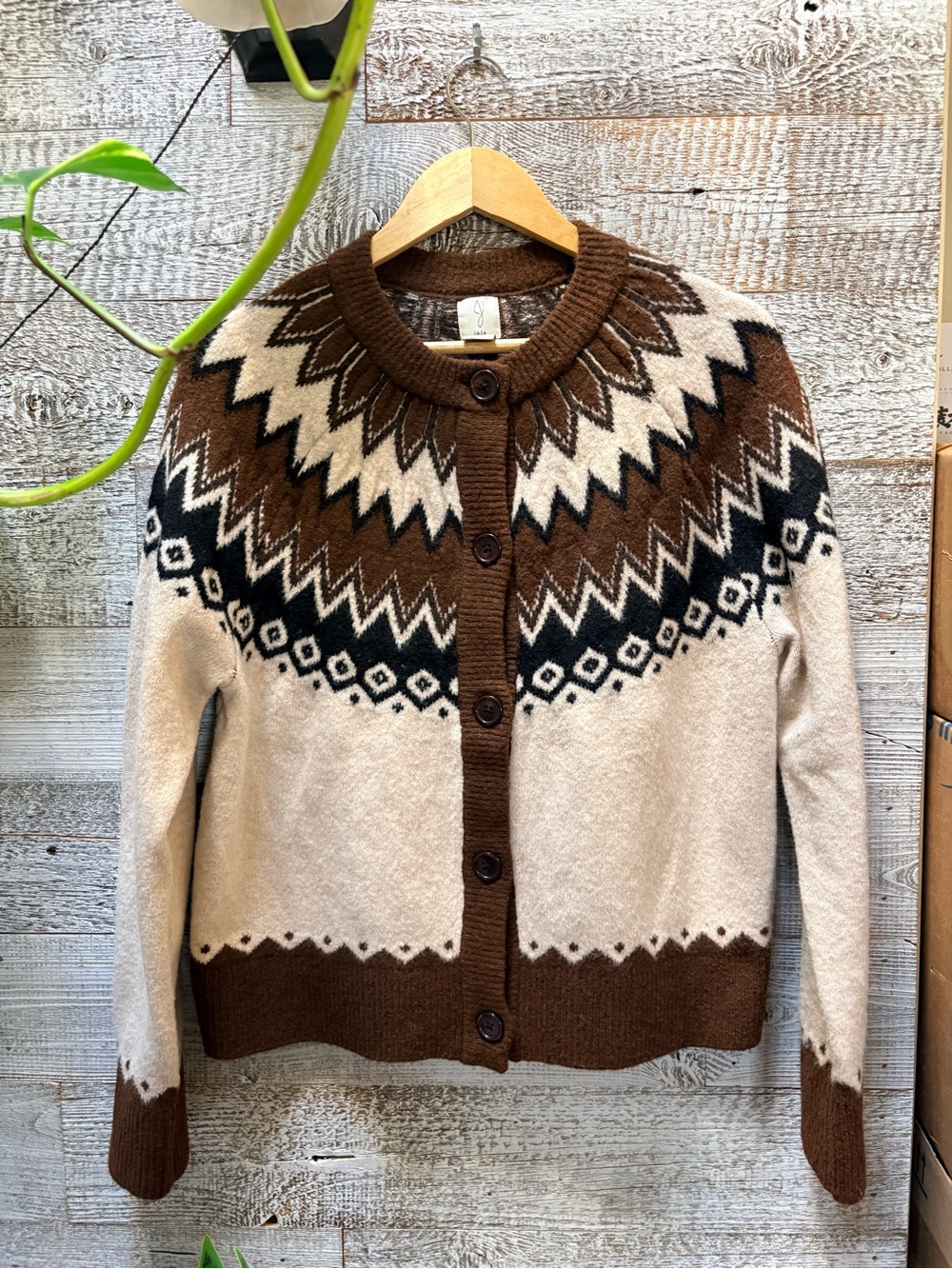 Joie | Thick Soft Geometric Fair Isle Nordic Cardigan Sweater -  M, Brown/Cream